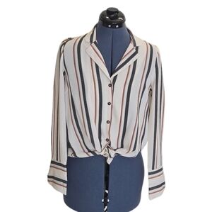 Monteau cream striped crop tie front button down shirt medium